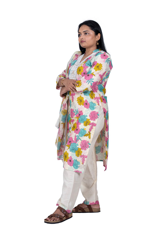 Floral Printed V-Neck Kurta Set for Women Cotton Blend Traditional Outfit