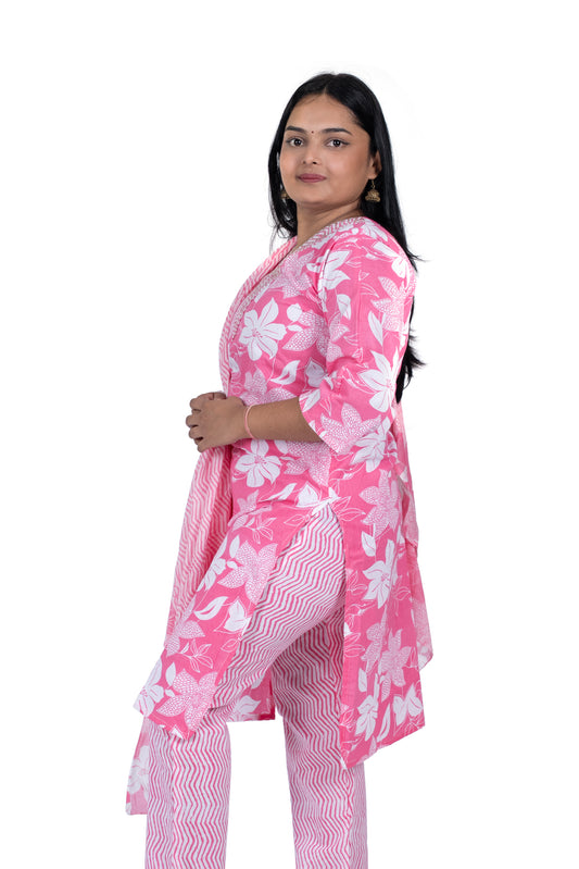 Trendy V-Neck Pink Kurta Set Floral Cotton Suit