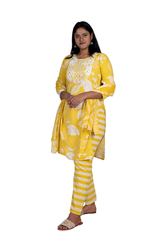 Ethnic Mustard Yellow Kurta Set with Embroidered Neck & Dupatta