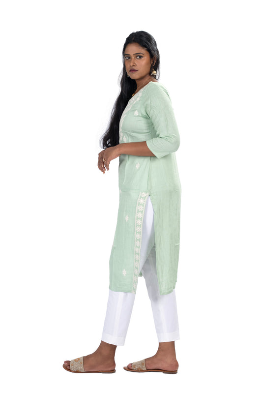 Women's Pastel Green Cotton Kurti White Embroidery, Casual & Festive Wear