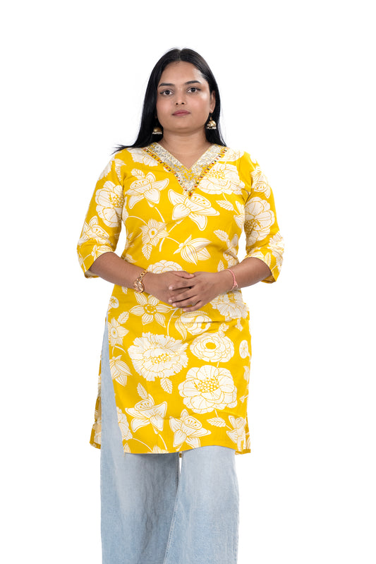 Yellow Kurti with Floral Print V-Neck Stylish Casual & Office Wear