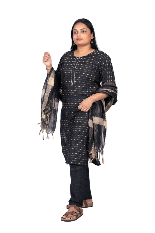 Elegant Black Khadi Fabric Kurta Set Traditional Dupatta Included