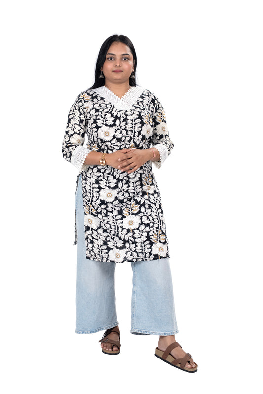 Black & White Floral Kurti for Women Soft Cotton Casual Wear