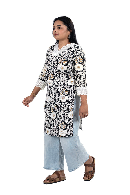 Black & White Floral Kurti for Women Soft Cotton Casual Wear
