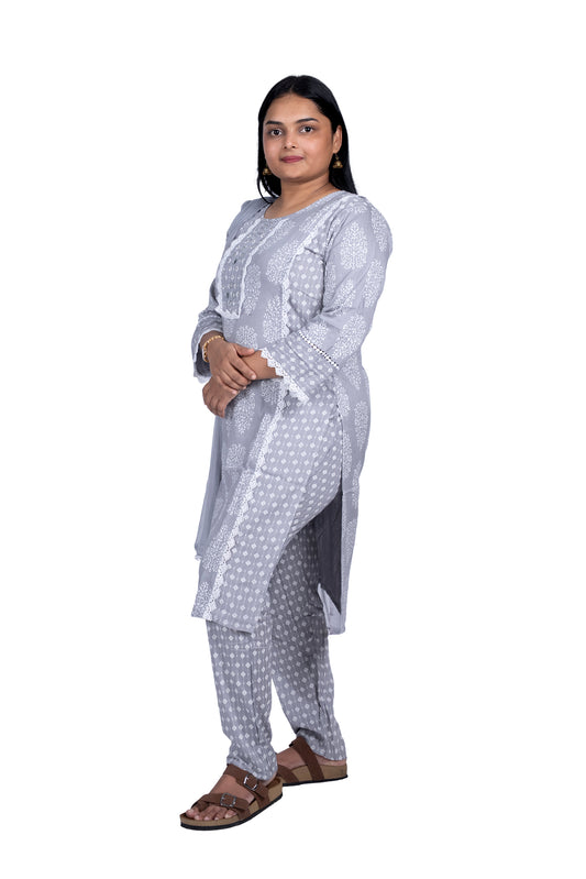 Trendy Grey Kurta Set with Lace Detailing Festive & Casual Wear