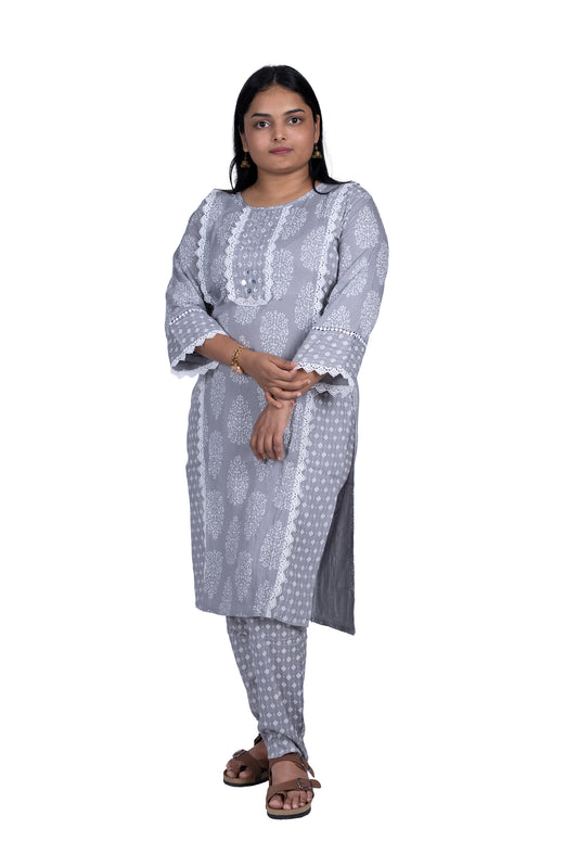 Trendy Grey Kurta Set with Lace Detailing Festive & Casual Wear