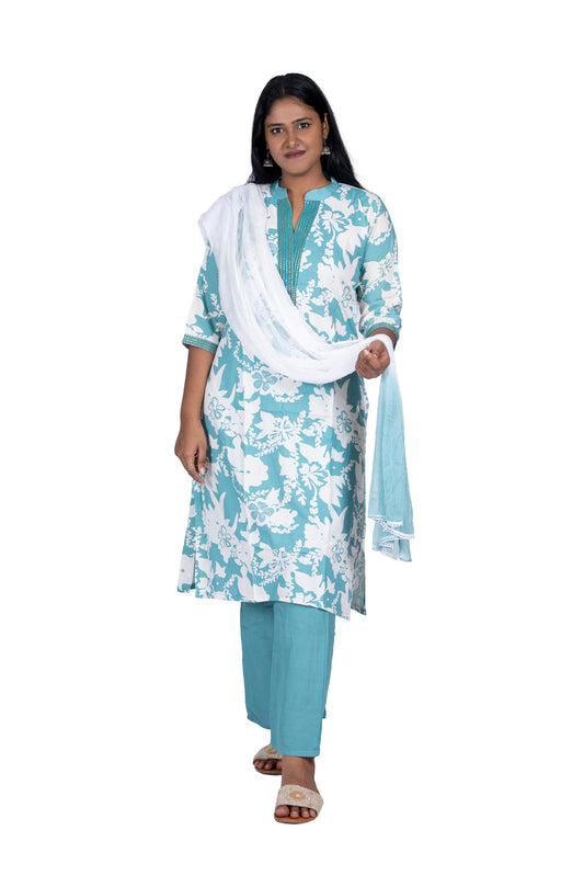 Aqua Blue & White Floral Kurta Set with Dupatta Casual Ethnic Wear