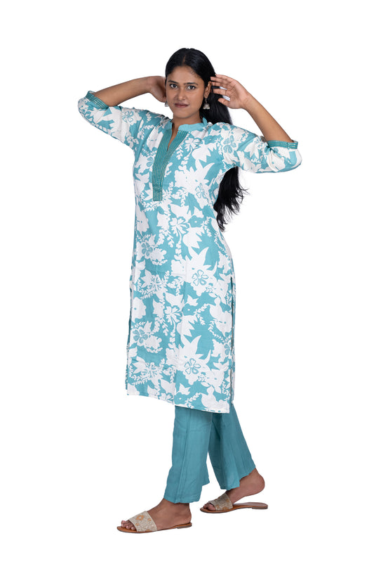 Aqua Blue & White Floral Kurta Set with Dupatta Casual Ethnic Wear