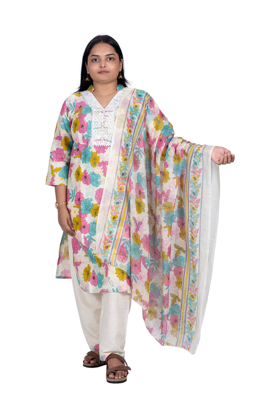 Floral Printed V-Neck Kurta Set for Women Cotton Blend Traditional Outfit