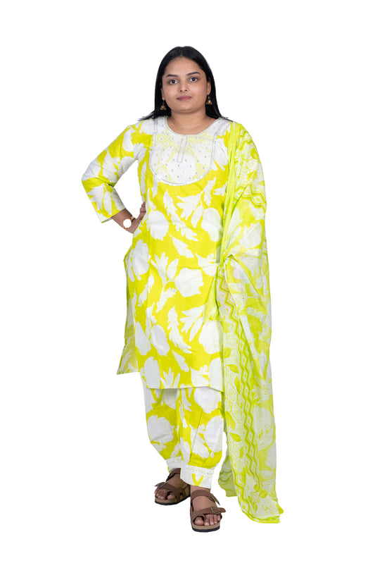 Bright Yellow Kurta Floral Design with Embroidered Neckline