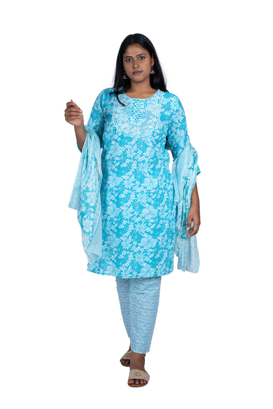 Turquoise Blue Ethnic Floral Cotton Suit Set With Dupatta