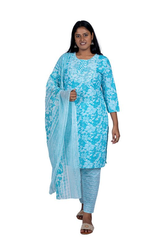 Turquoise Blue Ethnic Floral Cotton Suit Set With Dupatta