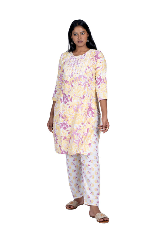 Floral Print Kurta Set for Women in Soft Yellow and Lavender Festive & Casual Wear