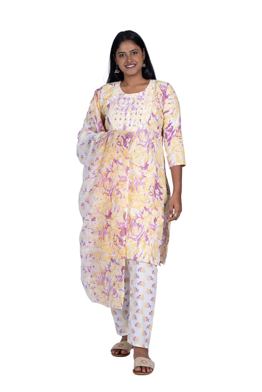 Floral Print Kurta Set for Women in Soft Yellow and Lavender Festive & Casual Wear