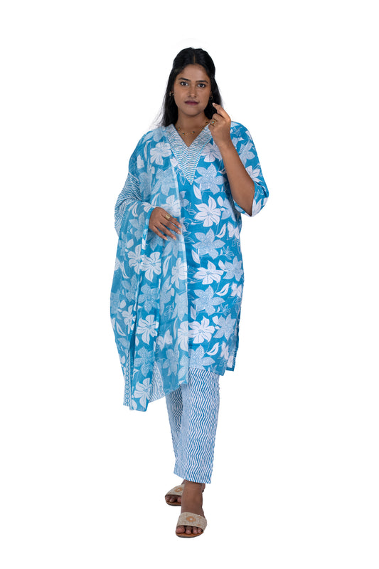 Summer Blue Floral Printed Kurta Set Soft Cotton with Dupatta