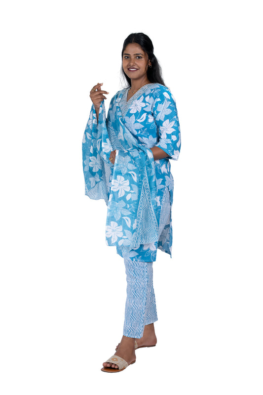 Summer Blue Floral Printed Kurta Set Soft Cotton with Dupatta