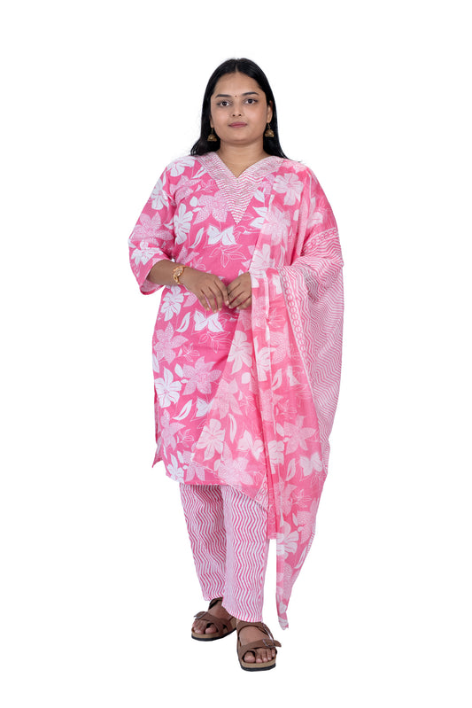 Trendy V-Neck Pink Kurta Set Floral Cotton Suit