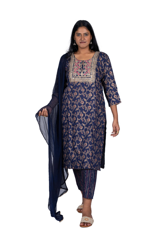 Elegant Navy Blue Kurta Set with Golden Floral Print & Embroidery for Festive Wear
