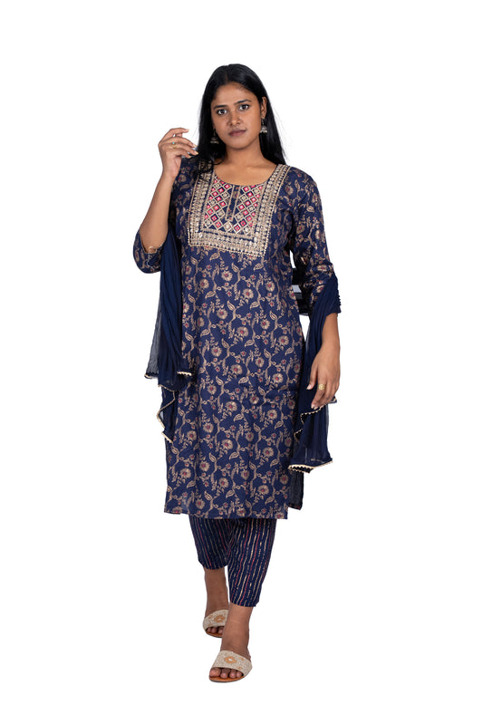 Elegant Navy Blue Kurta Set with Golden Floral Print & Embroidery for Festive Wear