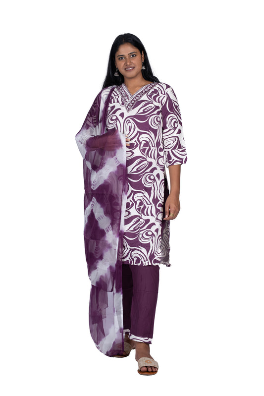 Designer Printed Kurta Set Purple & White with Dupatta