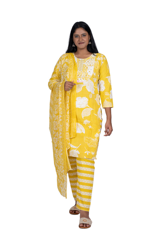Ethnic Mustard Yellow Kurta Set with Embroidered Neck & Dupatta