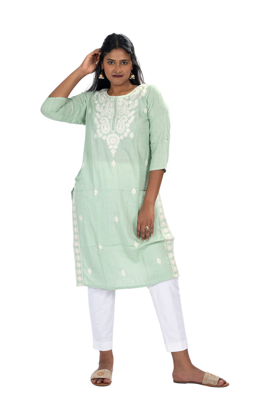 Women's Pastel Green Cotton Kurti  White Embroidery, Casual & Festive Wear