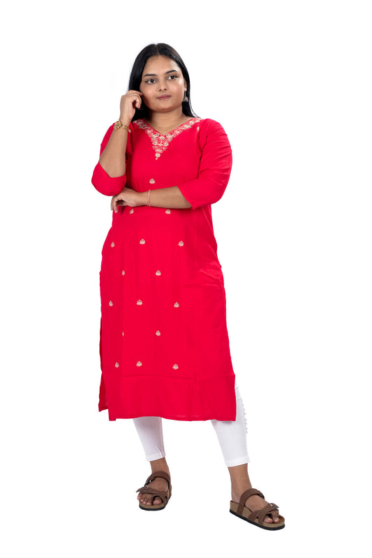 Red V-Neck Kurti Elegant Festive & Casual Wear