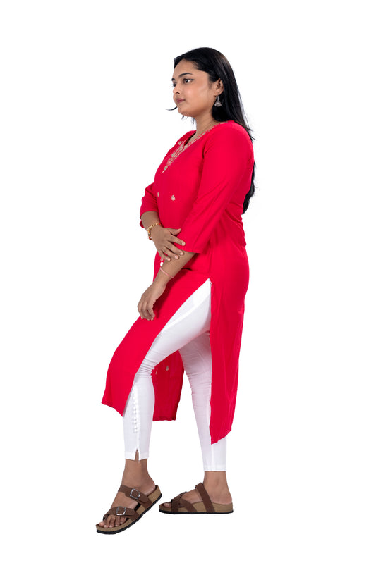 Red V-Neck Kurti Elegant Festive & Casual Wear