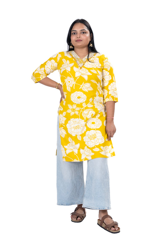 Yellow Kurti with Floral Print V-Neck Stylish Casual & Office Wear
