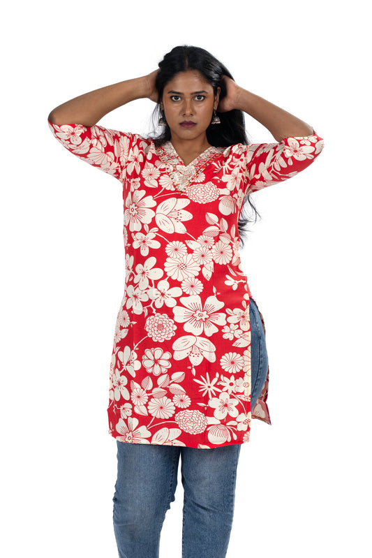 Red Floral V-Neck Kurti Elegant Printed Ethnic Wear for Daily & Festive Use