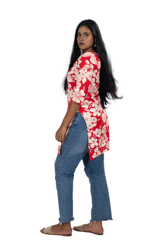 Red Floral V-Neck Kurti Elegant Printed Ethnic Wear for Daily & Festive Use