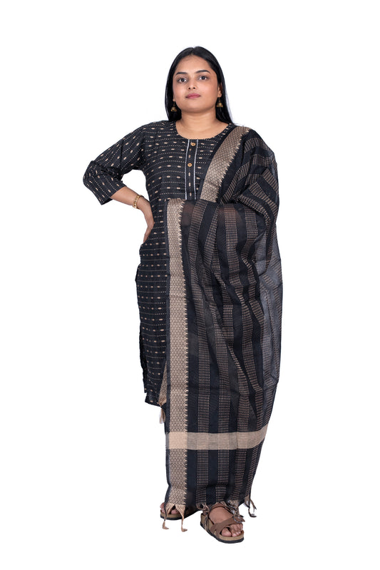 Elegant Black Khadi Fabric Kurta Set Traditional Dupatta Included